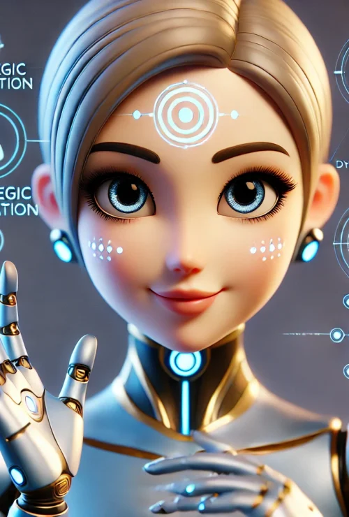 DALL·E 2025-03-13 11.43.43 - A 3D stylized humanoid AI character named Alicia, representing strategic innovation. She has a friendly, modern cartoon-like appearance with a sleek d